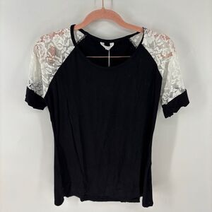 Meaneor Women's Black Lace Raglan Short Sleeve Casual T-Shirt NWT